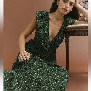 Reformation hunter green pink floral Fairfield ruffle plunge v-neck maxi dress